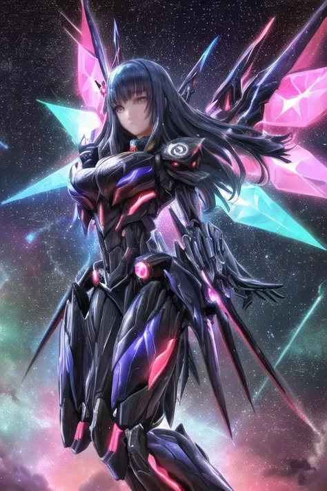 (1girl:1.3),(The black sun),(rainbows,coloured ring),neon lights,(flying wings of mechanical daggers),epic light and shadow,(more details:1.2),((whole body)),(Round, diamond, triangle),(Gem, diamond),1Mecha girl,(Cosmic nebula:0.8),