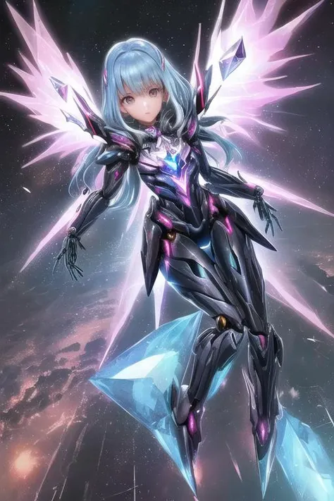(1girl:1.3),(The black sun),(rainbows,coloured ring),neon lights,(flying wings of mechanical daggers),epic light and shadow,(more details:1.2),((whole body)),(Round, diamond, triangle),(Gem, diamond),1Mecha girl,(Cosmic nebula:0.8),
