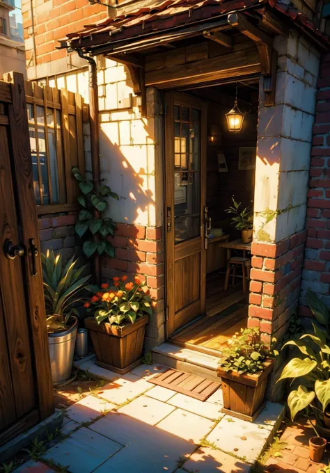 (masterpiece:1.2),(best quality:1.2),(Low saturation:1.2),(Light colors:1.2),(Isometric:1.1), good lighting,(outdoors:1.2),(facing the door:1.3), convenience store,doorway,potted plant,watering,wooden fence, bicycle,Windows,(Red brick wall:1.2),autumn, AI is SB
