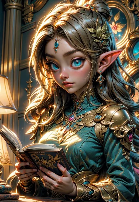 official art, unity 8k wallpaper, ultra detailed, beautiful and aesthetic, masterpiece, best quality, a princess elf in her room reading a book, fantasy, close up