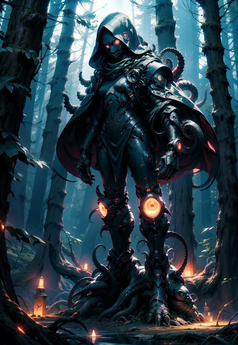 ((no human)), ((no humans)), (masterpiece), (best quality), (((highres))), ((absurdres)), ((extremely delicate)), (extremely detailed), HD, HQ, 8K, (ultra detailed), (cinematic lighting), sfw, (((background))), (((environment))), ((detailed background)), (((forest))), detailed trees, tall trees, creepy, mysterious, dangerous, shadow, ((covered by black smoke)), ((black fog)), ((black mist)), foggy forest, foggy, dark background, no lighting, dark lighting, dim light, (landscape), (environment), creepy, eerie, unsettling, uncomfortable, ((girl standing in background)), (Lovecraftian tentacles on ground), ((glowing eyes))