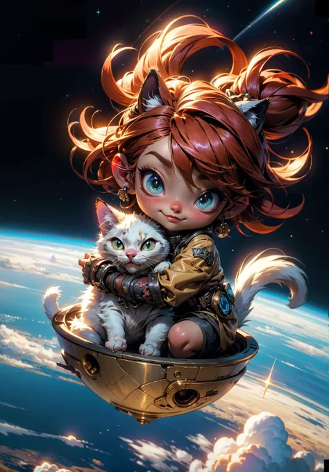 official art, unity 8k wallpaper, ultra detailed, High quality, beautiful, masterpiece, best quality, a fluffy cat floating in space, cute, chibi