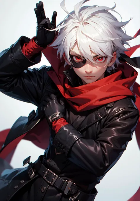 best quality, highres, 1boy, solo, white hair, male, red eyes, black gloves, long gloves, black jacket, red scarf, ahoge, eyepatch, adult