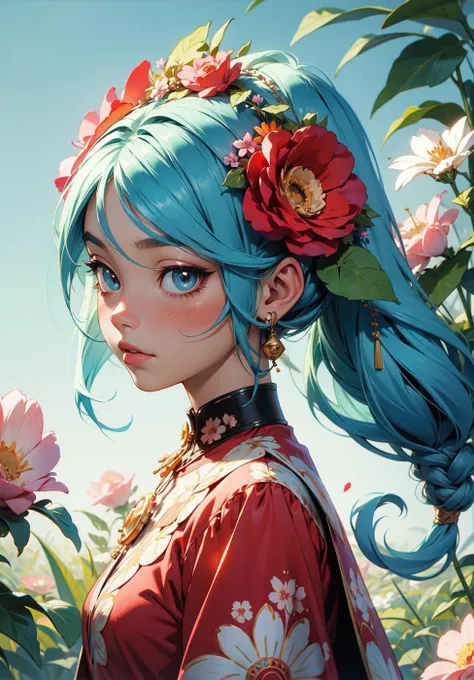 menera style, by Ernst Haeckel, exquisite illustration of a girl wearing flowers, anime, pixiv, kawaii girl, facing forward