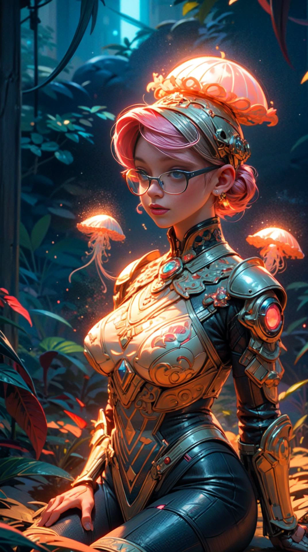 1girl, pink hair, big glasses, chunky glasses, solarpunk, blue eyes,grass, bobcut hairstyle,armor, futuristic armor, building wisteria, 8k,masterpiece,arri lf,35 mm,bokeh,fast aperture lens,(full body:1.2),on her knees,<lora:jellyfish-noise:0.8>,<lora:more_details:0.8> <lora:mechaarmor_v0.7:0.4>, trending on artstation portrait of an absurdly beautiful, sophisticated, fashionable cyberpunk, intricate linework, white porcelain skin, faberge, coral and jellyfish headdress, octane render, gsociety, global illumination, radiant light, detailed and intricate environment