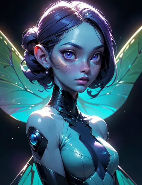 fashion portrait of a very beautiful alien woman with blue skin, glowing freckles, bio-organic clothing, dragonfly wings, glowing purple alien plants, spores, space mushrooms, fractals, cinematic light,  masterpiece