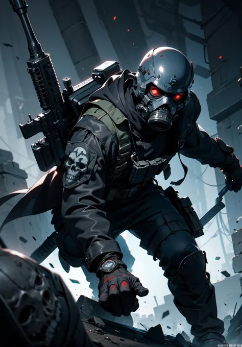 official art, unity 8k wallpaper, ultra detailed, beautiful and aesthetic, High quality, beautiful, masterpiece, best quality, (zentangle, mandala, tangle, entangle:0.6), 1girl, dynamic angle:1.05), (dynamic pose:1.05), Male, tactical vest, Semi-automatic rifle, (detailed death mask:1.1025), (tactical gear:1.1025), with sword, survival gear, call of duty, black clothing, tall combat boots, long black coat, black skull mask, occult, (Epic:1.1025), (8k cg wallpaper:1.05), (realism:1.1025), (stunning art:1.05), (illustration:1.1025) (ultra-detailed:1.1025), (red, black), (horror), (gloomy), blood, gasmask