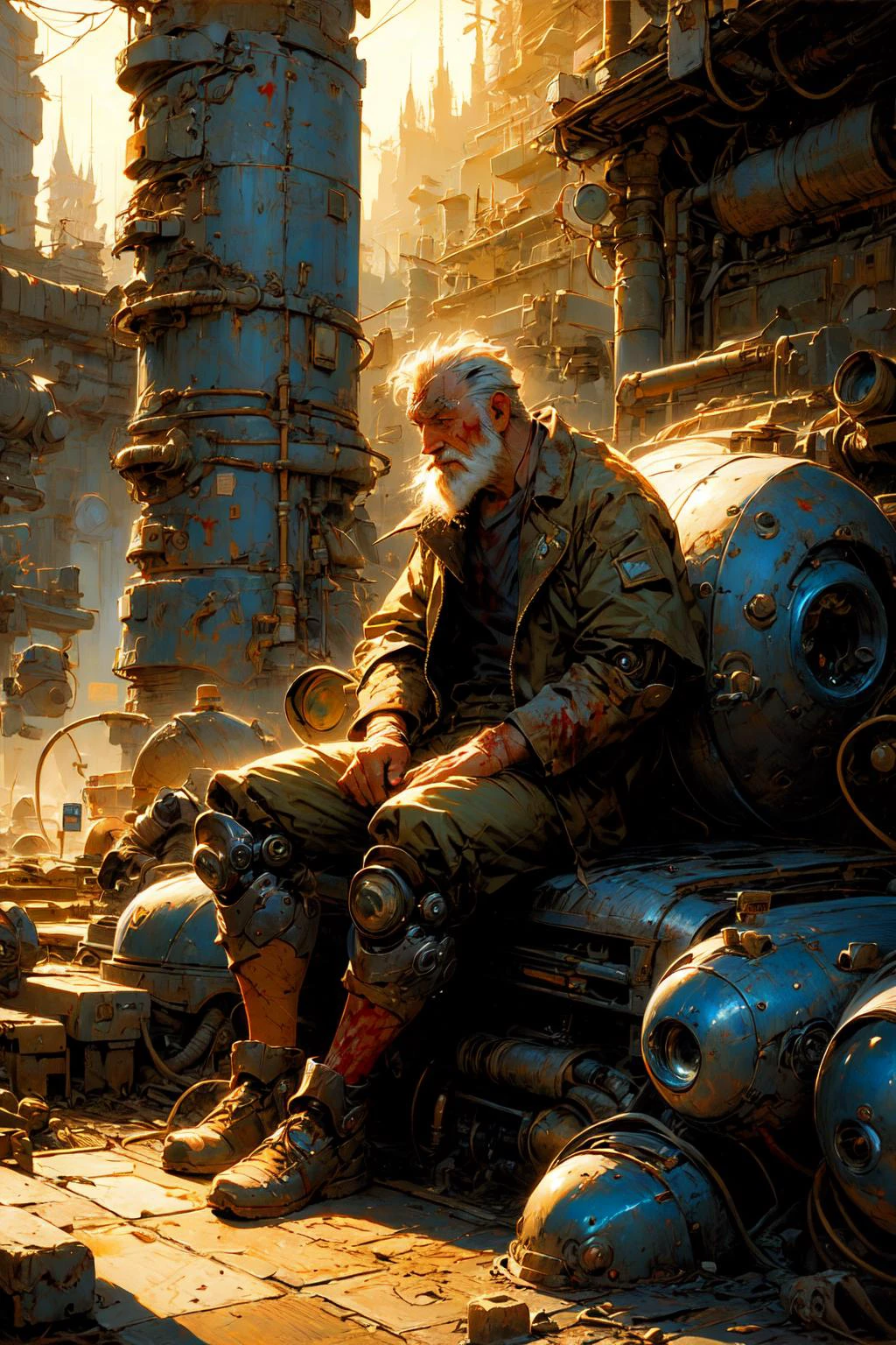 (masterpiece:1.1), (best quality:1.1), (vibrant colors:1.2), BREAK,
(dark fantasy:1.0), (classical:1.0), (oil painting:1.0), BREAK,
(solo:1.2), (male:1.2), (old man:1.2), (beard:1.1), (beggar:1.0), (sitting:1.0), (mechanical legs:1.1), (robot joints:1.1), (covered in blood:1.2), (scars:1.2), (oasis:1.0), <lora:novel_bright:0.7>,