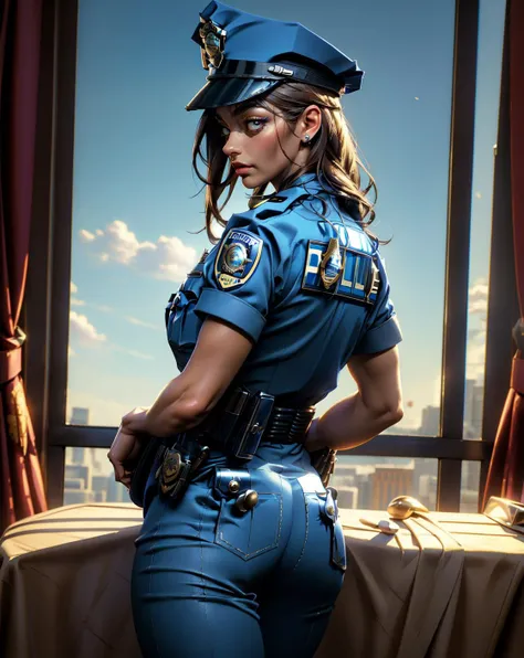a policewoman tied with rope, wearing black stockings - bound, determined, powerful, restrictive, tension, struggle, resilience, authority, femme fatale, law enforcement, provocative lighting, noir style