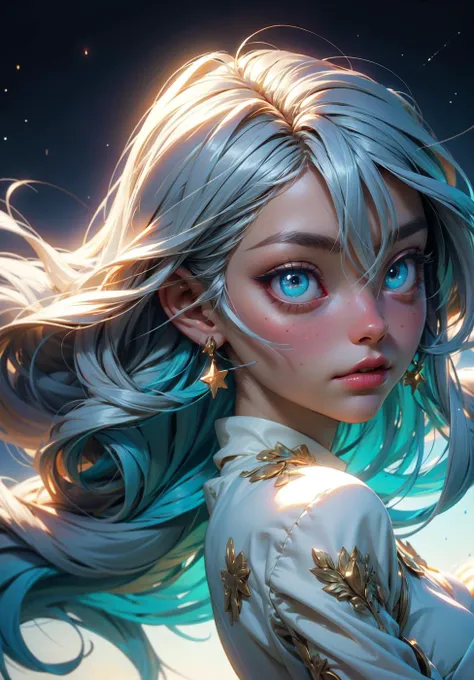 masterpiece, best quality, ultra-detailed, illustration, beautiful detailed eyes, long hair, silver hair, cyan eyes, from side, depth of field, floating white silk, stars in the eyes