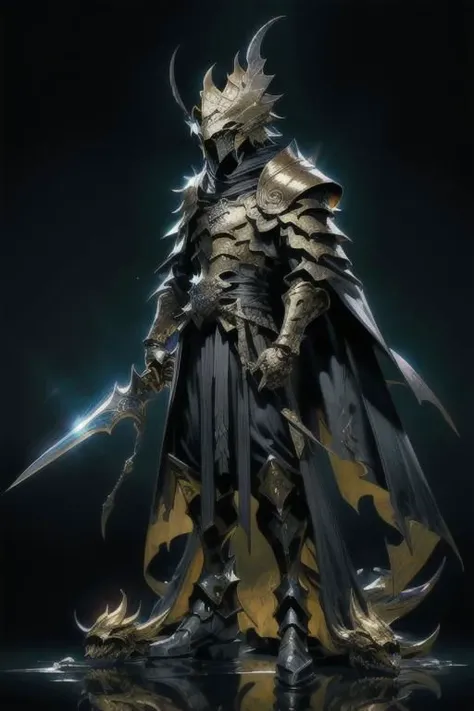 official art, 8k wallpaper, golden lightning , huge black blade , ultra detailed sword, dragon helmet ,full body , small dragons , slim armor , ultra-detailed, beautiful and aesthetic, Ultra quality, beautiful, masterpiece, best quality, (zentangle, mandala, tangle, entangle:0.6), 1guy, dynamic angle:1.05), (dynamic pose:1.05), Male, medieval armor, (detailed death mask:1.1025), with sword, sudden aura, dark souls 3, black clothing, long golden cape, black dragon helmet, occult, (Epic:1.1025), (8k cg wallpaper:1.05), (realism:1.1025), (stunning art:1.05), (illustration:1.1025) (ultra-detailed:1.1025), (gold, black), (horror), (gloomy).