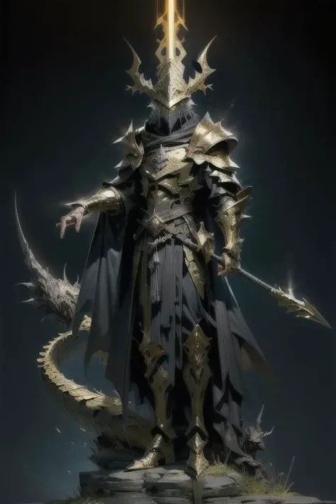 official art, 8k wallpaper, golden lightning , golden aura , huge Spear , ultra-detailed long Spear, dragon helmet ,full body , small dragons , slim armor , ultra-detailed, beautiful and aesthetic, Ultra quality, beautiful, masterpiece, best quality, (zentangle, mandala, tangle, entangle:0.6), 1guy, dynamic angle:1.05), (dynamic pose:1.05), Male, medieval armor, (detailed death mask:1.1025), with spear, sudden aura, dark souls 3, black clothing, long golden cape, black dragon helmet, occult, (Epic:1.1025), (8k cg wallpaper:1.05), (realism:1.1025), (stunning art:1.05), (illustration:1.1025) (ultra-detailed:1.1025), (gold, black), (horror), (gloomy).