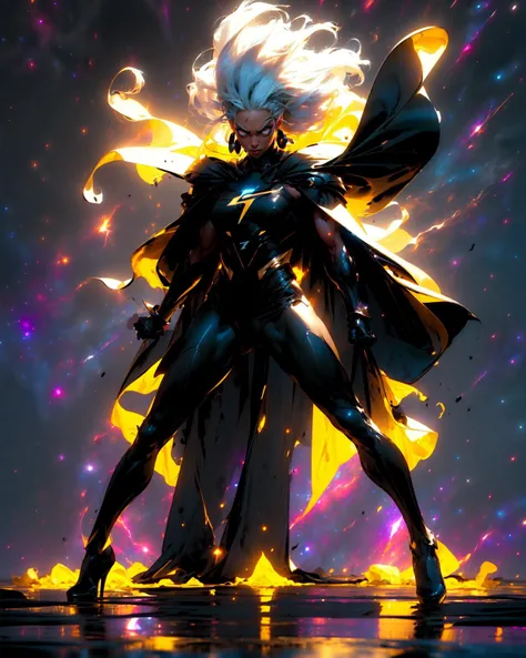 (full body:1.4), photo of beautiful a Ororo, serious facial-expression, (look at viewer, solo focus:1.3), (side view:1.2),
(strong wind from bottom:1.4), long white-hair, dark-skin, earrings,r1ge,
(storng wind, black long cape:1.4), exposed shoulders, strapless, bodysuit, thigh-highs, gloves,
(huge muscular body), (highheels),
(dynamic pose, fighting stance:1.4), (floating parts of broken spaceship:1.3),
(visible wind, aura, galaxy background,stormy:1.4), (lightning:1.2), rainy, spark,
(masterpiece,best quality, realistic detail:1.4) <lora:storm-10:1> <lora:r1ge - AnimeRage:0.8>