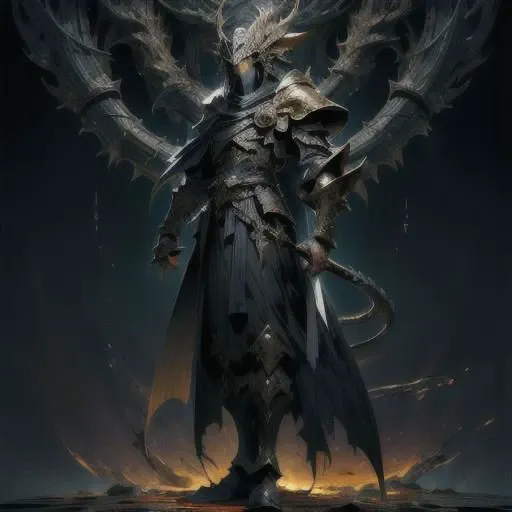 official art, 8k wallpaper, Blood , Big black sword , dragon helmet ,full body , small dragon , slim armor , ultra-detailed, beautiful and aesthetic, Ultra quality, beautiful, masterpiece, best quality, (zentangle, mandala, tangle, entangle:0.6), 1guy, dynamic angle:1.05), (dynamic pose:1.05), Male, medieval armor, (detailed death mask:1.1025), with sword, sudden aura, dark souls 3, black clothing, long golden cape, black dragon helmet, occult, (Epic:1.1025), (8k cg wallpaper:1.05), (realism:1.1025), (stunning art:1.05), (illustration:1.1025) (ultra-detailed:1.1025), (gold, black), (horror), (gloomy).
