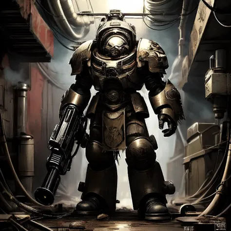 trmntr, solo, armor, gun, full body, helmet, red eyes, looking at viewer, pulp_comic, heavy_lines, hand_drawn, hand_inked, hand_colored, perfect_face, underhive, sewers, pipes, wires, ducts, steam, vents, toxic, mutants, scum, tunnels