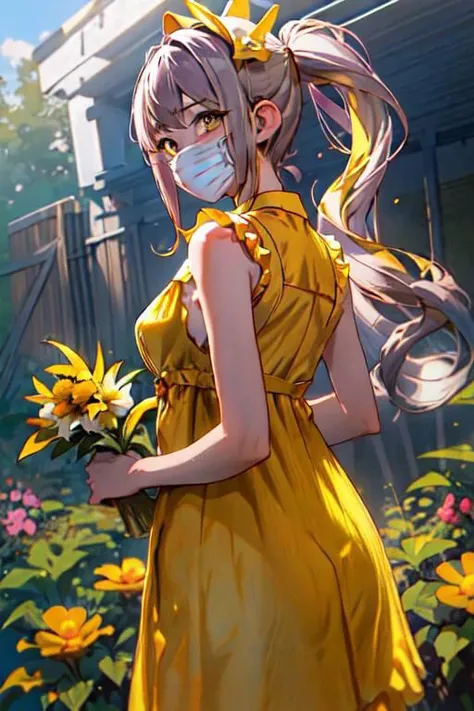 masterpiece, best quality, <lora:smgsukeban-nvwls-v1-000009:0.8> smgsukeban, ponytail, halo, mouth mask, (yellow sundress:1.4), from behind, garden, large breasts, blush