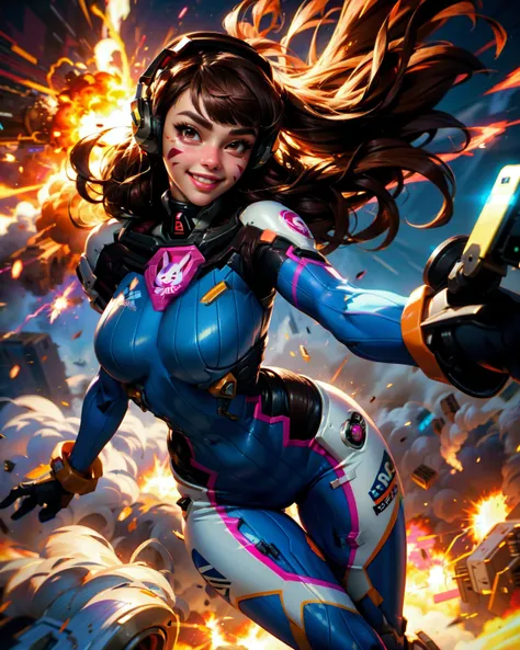 (medium shot), photo of 1d.va \(overwatch\), solo,
brown long hair, swept bangs, headphones, brown eyes, whisker markings, facial mark, facepaint, pink lips ,
(big smile),
pilot suit, skin tight,
gloves, (gigantic breasts), white gloves, bunny print, thick thigh,
(taking selfie:1.4),
(strong wind:1.3), in wild disorder (explosion:1.4),
(realistic skin_details, sharp focus, masterpiece,best quality,realistic detail, high_resolution)<lora:dva:0.6>