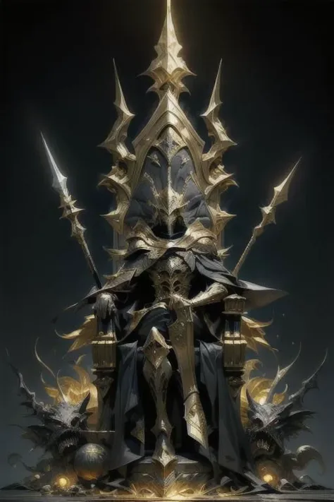 official art, 8k wallpaper, detailed throne , sitting on a throne , golden throne , two legs , golden lightning , golden aura , huge Spear , ultra-detailed long Spear, dragon helmet ,full body , small dragons , slim armor , ultra-detailed, beautiful and aesthetic, Ultra quality, beautiful, masterpiece, best quality, (zentangle, mandala, tangle, entangle:0.6), 1guy, dynamic angle:1.05),Male, medieval armor, (detailed death mask:1.1025), with spear, sudden aura, dark souls 3, black clothing, long golden cape, black dragon helmet, occult, (Epic:1.1025), (8k cg wallpaper:1.05), (realism:1.1025), (stunning art:1.05), (illustration:1.1025) (ultra-detailed:1.1025), (gold, black), (horror), (gloomy).