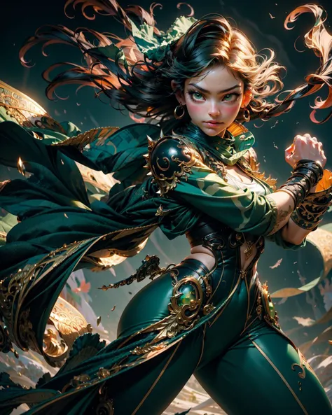 from above,
(medium shot:1.3), one beautiful (girl), look at viewer, back view,
(strong wind:1.2),
(fighting stance:1.4),
 bronze-spiked_hair, dusky-skin, 
huge breast, narrow waist, (delicate hands), (big pelvis, thigh), 
intricate  camouflage_green-color hev_suit, 
(strong wind:1.4), (smog:1.4) 
bamboo_forest-background, 
delicate, realistic details, sharp focus, detailed skin,clear image  <lora:flowing-fabrics:0.7> <hypernet:stylizaraBeautiful_v10:0.75>