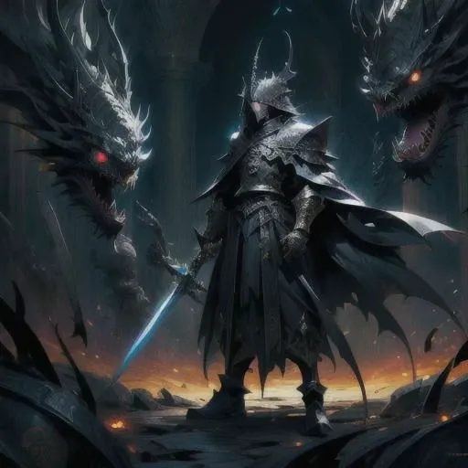 official art, 8k wallpaper, Blood , Big black sword , dragon helmet ,full body , small dragon , slim armor , ultra-detailed, beautiful and aesthetic, Ultra quality, beautiful, masterpiece, best quality, (zentangle, mandala, tangle, entangle:0.6), 1guy, dynamic angle:1.05), (dynamic pose:1.05), Male, medieval armor, (detailed death mask:1.1025), with sword, sudden aura, dark souls 3, black clothing, long golden cape, black dragon helmet, occult, (Epic:1.1025), (8k cg wallpaper:1.05), (realism:1.1025), (stunning art:1.05), (illustration:1.1025) (ultra-detailed:1.1025), (gold, black), (horror), (gloomy).