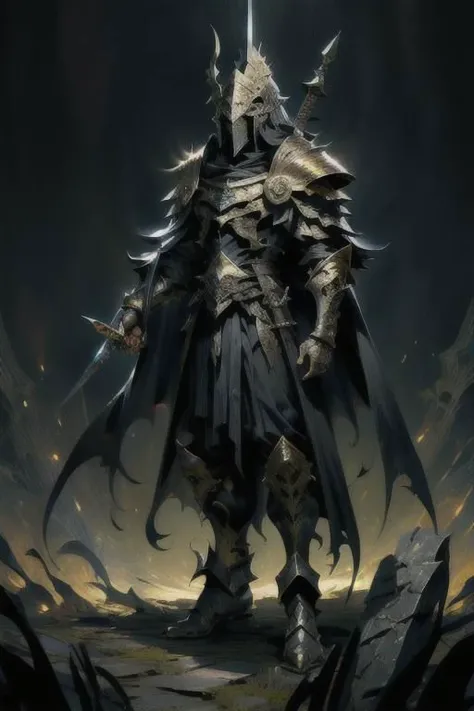official art, 8k wallpaper, Blood , huge black blade , ultra detailed sword, dragon helmet ,full body , small dragons , slim armor , ultra-detailed, beautiful and aesthetic, Ultra quality, beautiful, masterpiece, best quality, (zentangle, mandala, tangle, entangle:0.6), 1guy, dynamic angle:1.05), (dynamic pose:1.05), Male, medieval armor, (detailed death mask:1.1025), with sword, sudden aura, dark souls 3, black clothing, long golden cape, black dragon helmet, occult, (Epic:1.1025), (8k cg wallpaper:1.05), (realism:1.1025), (stunning art:1.05), (illustration:1.1025) (ultra-detailed:1.1025), (gold, black), (horror), (gloomy).