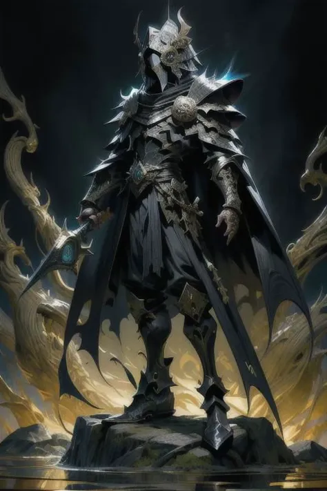 official art, 8k wallpaper, Blood , Big black sword , ultra detailed sword, dragon helmet ,full body , small dragon , slim armor , ultra-detailed, beautiful and aesthetic, Ultra quality, beautiful, masterpiece, best quality, (zentangle, mandala, tangle, entangle:0.6), 1guy, dynamic angle:1.05), (dynamic pose:1.05), Male, medieval armor, (detailed death mask:1.1025), with sword, sudden aura, dark souls 3, black clothing, long golden cape, black dragon helmet, occult, (Epic:1.1025), (8k cg wallpaper:1.05), (realism:1.1025), (stunning art:1.05), (illustration:1.1025) (ultra-detailed:1.1025), (gold, black), (horror), (gloomy).