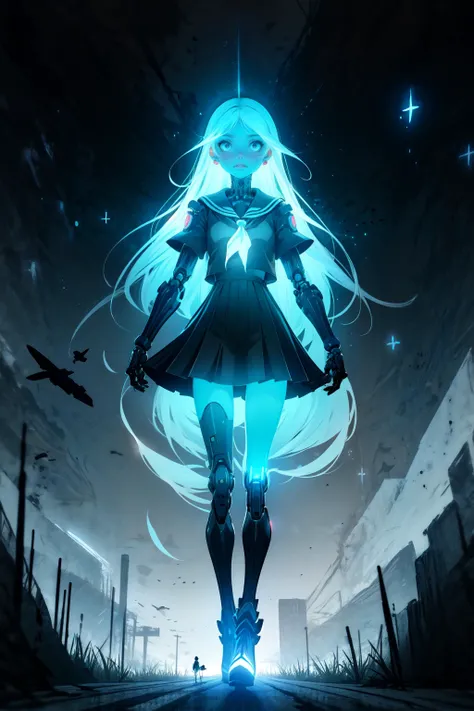 (masterpiece, best quality, detailed, high definition, aesthetic, flat colors), futuristic, hyperpop, (surrealism), eerie, tragic BREAK (solo),(woman), robot, cybernetic legs, serafuku, long hair, shoulder armor, <lora:RuinsAndLight:1.0>