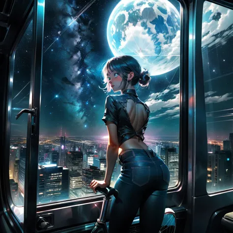 A woman wearing a bathrobe and headphones is lying on the bed、A beautiful night view behind、Big Breasts、sexy、Room with a night view、Moonlight、Unbuttoned、Beautiful woman looking back、Butt、Beautiful buttocks、Downlight、full moon、Stylish room with fireplace