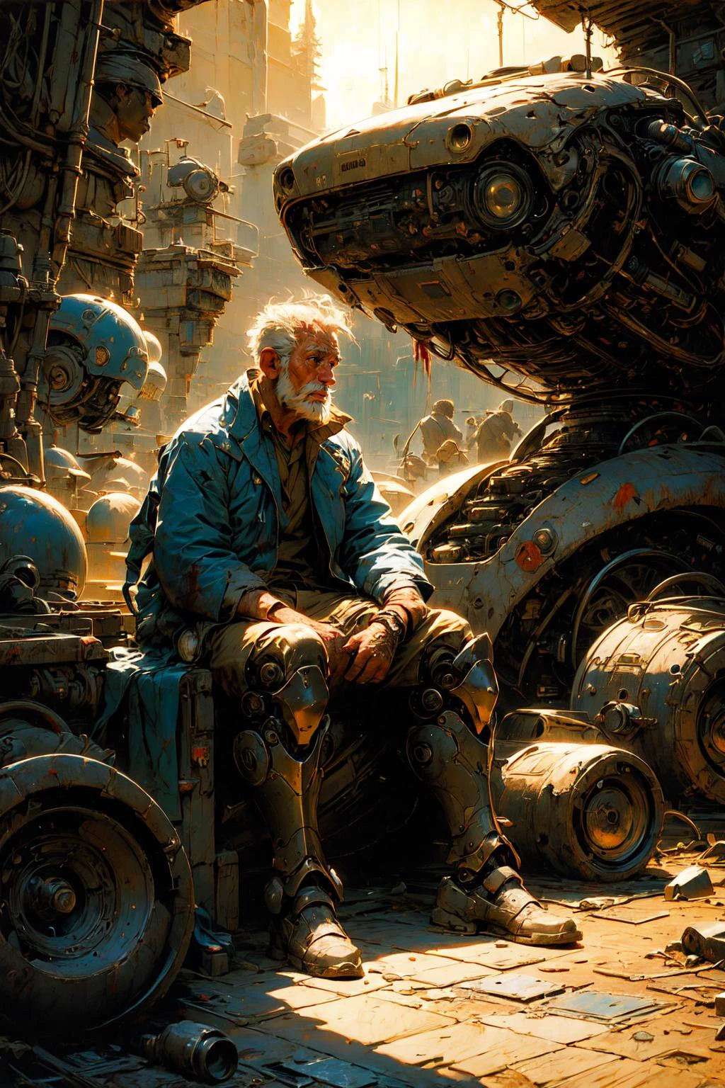 (masterpiece:1.1), (best quality:1.1), (vibrant colors:1.2), BREAK,
(dark fantasy:1.0), (classical:1.0), (oil painting:1.0), BREAK,
(solo:1.2), (male:1.2), (old man:1.2), (beard:1.1), (beggar:1.0), (sitting:1.0), (mechanical legs:1.1), (robot joints:1.1), (covered in blood:1.2), (scars:1.2), (oasis:1.0), <lora:novel_bright:0.7>,