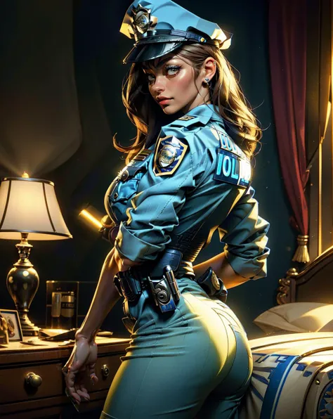 (1 beautiful mature slut), alone, gorgeous face, (blush)、((wearing a police uniform)), grin and laugh、red lips, eye shadow, eyeliner, ((open crotch))、show me your side、such an ass、((Please sit down))、big and full breasts, thighs, bob hair, lingerie、masterpiece, highest quality, 8k, realistic