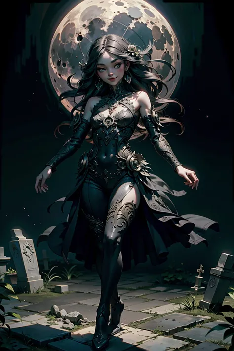 ((best quality)), ((masterpiece)), (high detailed), ((dark fantasy style)), beautiful intricately detailed, 1girl, goth, dancing on a grave, evil grin, half moon light, real shadow, real face, hd, 2k, 4k, 8k, 16k, realistic light, realistic shadow, <lora:wowifierV3:0.9> <lora:Squeezer2:0.85>