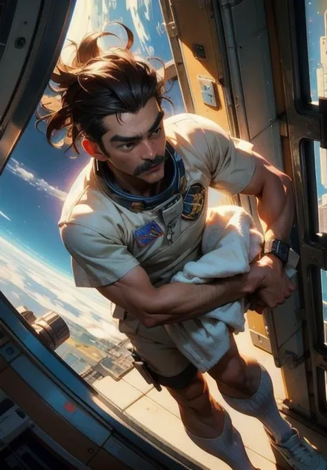 official art, unity 8k wallpaper, ultra detailed, beautiful and aesthetic, masterpiece, best quality,artist norman rockwell, intricate details, (masterpiece, top quality, best quality), detail face, man, mullet, mustache, skinny, 1man, astronaut, putting on socks, towel shocked, nsfw, hotel space station , volumetric