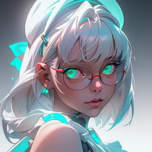 closeup of neon \(nikke\) face, pristine green eyes, reflective white hair, supermodel, lifelike, masterpiece, cinematic lighting, <lora:neon_nikke_v01:0.9>, wearing glasses, <lora:circle-glasses_v1.1:0.5>, red frames