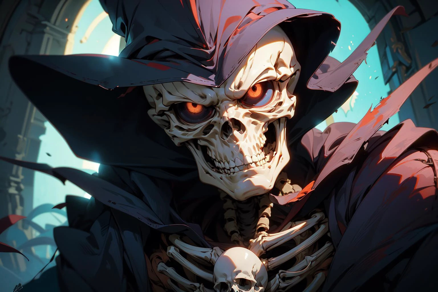 (masterpiece:1.2, best quality:1.2), ((masterpiece)), (((best quality))), ((ultra-detailed)), Evil specter, skeleton, magic and power, font of magic