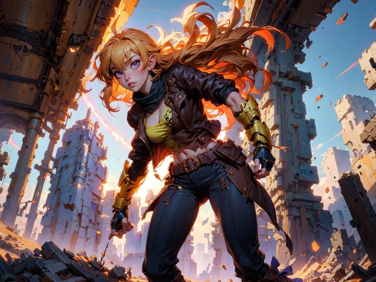 (masterpiece:1.2, best quality:1.2), ((masterpiece)), (((best quality))), ((ultra-detailed)), ((illustration)), yang xiao long, solo, 1girl, prosthetic arm, ahoge, purple eyes, brown jacket, navel, cleavage, fingerless gloves, boots, belt, walking, clouds, smoke, fantasy city, ruins, light flare, solar flare, lens flare, light particles, looking at the camera, <lora:YangXiaoLong:1>