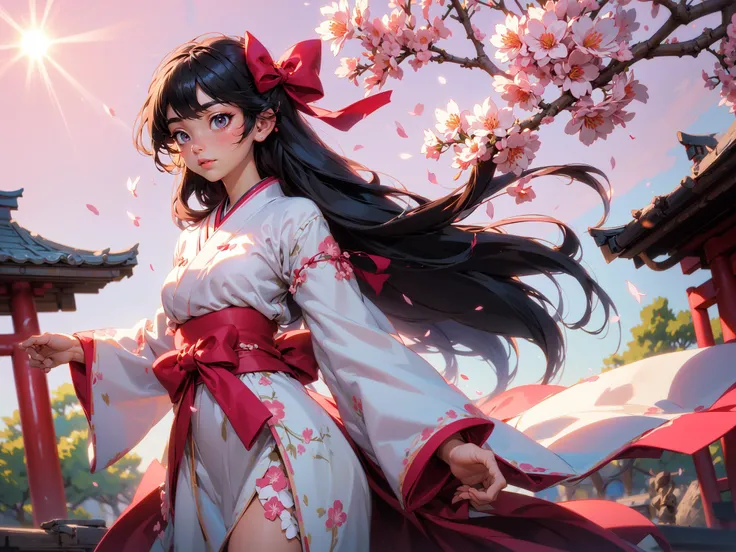 (masterpiece:1.2, best quality:1.2), ((masterpiece)), (((best quality))), ((ultra-detailed)), ((illustration)), Japanese girl, white shrine robes, long dark black hair, hair in bow, red bow, stitching, pink background, pink theme, dancing, flowing clothes, sakura pedals, Japanese shrine, lens flare, sun flare