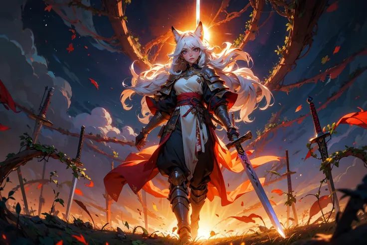 (masterpiece:1.2, best quality:1.2) , {fox girl} , {{fox ear}} , very long hair , ping and white hair , medium breasts , {{samurai armor},{fox helmet}} ,black eyes ,((masterpiece)), (((best quality))), ((ultra-detailed)), ((illustration)), ((disheveled hair)) , anatomy , solo , 1girl, (silhouette),, ( sword:1.3), glowing, walking, holding large sword, ruins, broken, leaves, , (medieval battlefield), orange sky, clouds, smoke, vines, huge vines, leaves, post-apocalypse, ruins, light flare, solar flare, lens flare, light particles