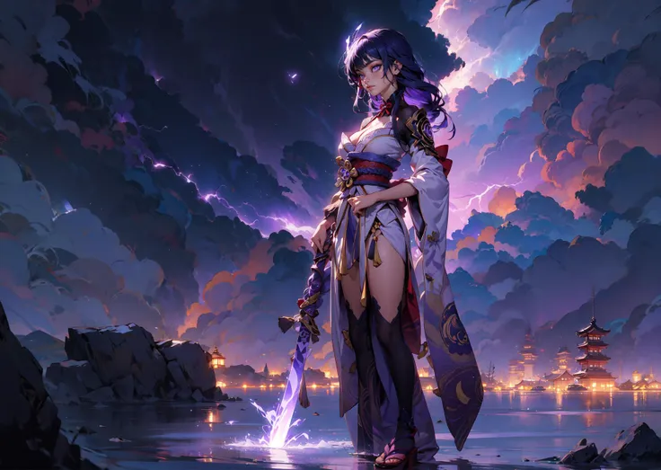 <lora:raidenshogun1:1>, official art, unity 8k wallpaper, beautiful and aesthetic, High quality, ((masterpiece)), (((best quality))), ((ultra-detailed)), contrast, phenomenal aesthetic, ((1 girl, female, solo)), cinematic lighting, raidenshogundef, raidenshogunrnd, ((purple lightning, thunder)), purple theme, edo period, japan, shrine, sword, purple eyes, (mature woman), purple light, rim lighting, light shine through hair, thunderstorm background, rectangle eyes, anime eyes, ((closed lips)), Japanese woman, Asian eyes, apathetic, half-closed eyes, wide angle, full body shot, looking away from the camera, large breasts, (standing sideways, looking at the sky), side profile, single long braid
