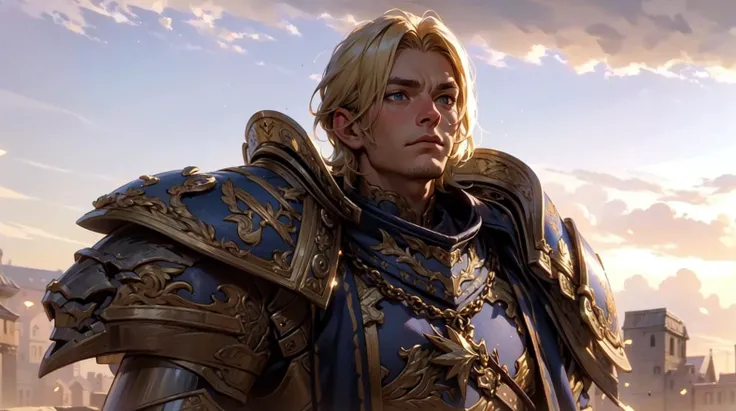 (masterpiece:1.2, best quality:1.2), ((masterpiece)), (((best quality))), ((ultra-detailed)), ((illustration)), 1guy, confident look,  ((man)), ((male)), male focus, solo, gold and silver armor, looking to the distance, holding a sword, split hair, weapon glow, full plate armor, navy blue cloth, hair, fantasy city, castle, king, plate armor, lion emblem, cobblestone streets, waist up, (blonde hair), clouds, light particles, looking at the camera,