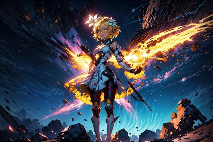 (1 girl, solo), <lora:luminetest:1>, lumine, blonde hair, flower, hair between eyes, hair flower, hair ornament, short hair, short hair with long locks, sidelocks, (yellow eyes:1.5), boots, detached sleeves, dress, thigh boots, white dress, white flower, white footwear, standing up, flying in the clouds, rim lighting, sparkle, (stars, constellation, comet), night time, <lora:JW:0.1>, <lora:more_details:1>, space, ((black hole)), 8k, octane render, unity, game art, sci fi, ((wings))
