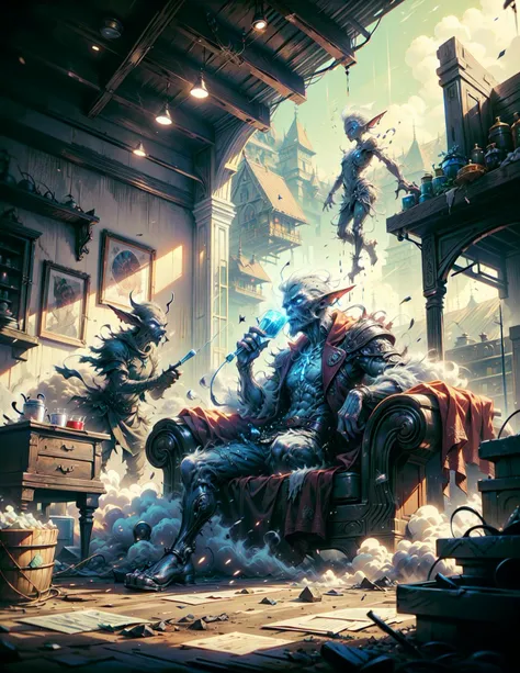 masterpiece, absurdres, best aesthetic, ultra-detailed, inside dirty room,many man,goblin,drinking party,fantasy,home party