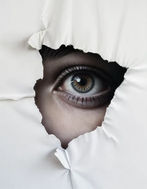 A hyperrealistic oil painting, white background of an eye peeking through ripped paper with the shape of one artist face in black ink , capturing intricate details and textures on a clean white canvas, The eye reflects deep fear and anxiety, glowing subtly with intense amber hues,monochrome colors of grey and stark contrast to highlight the subject against a simple yet striking backdrop, emotion through expressive facial features and depth of field that adds character.