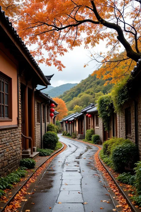 n autumn, there is an ancient alley in the south of the yangtze river, a crooked path crosses the hill of two rows of houses, the house on the left has an ancient persimmon tree, persimmon branches grow above the path, the road is wet, just rained, long-distance photoing, super high definition screen