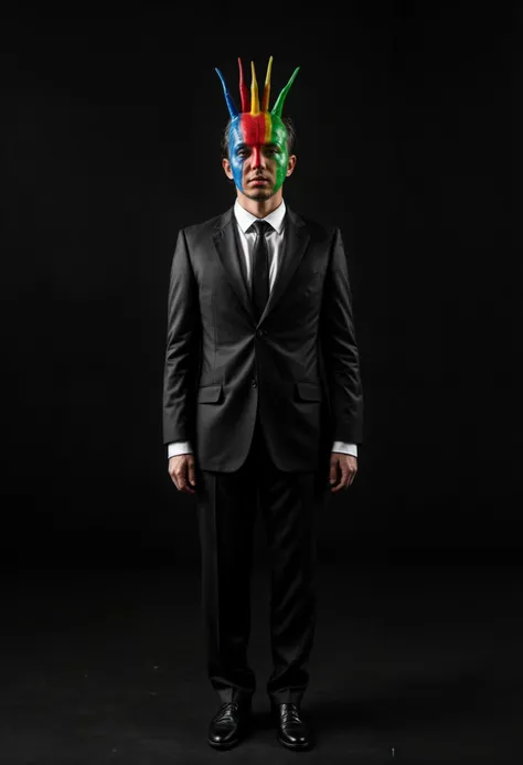 Man in black suit with rainbow Peace sign instead of head in the style of Rene Magritte, minimalistic, monochrome, dark background, realistic photography, symmetrical composition, long shot