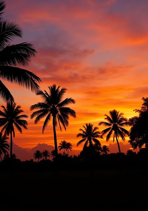 Silhouette of palm trees at tropical sunrise or sunset