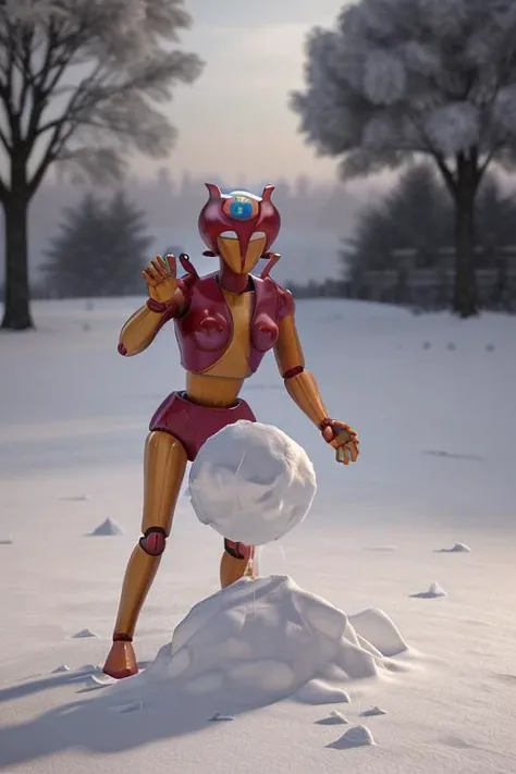 a masterpiece photo of (afrodit4 robot ) in the SNOW , CROUCHED THROWING SNOWBALLS ,sexi ,3d render, volumetric lighting, photorealistic <lora:Afrodit4_01:0.8> afrodit4 robot