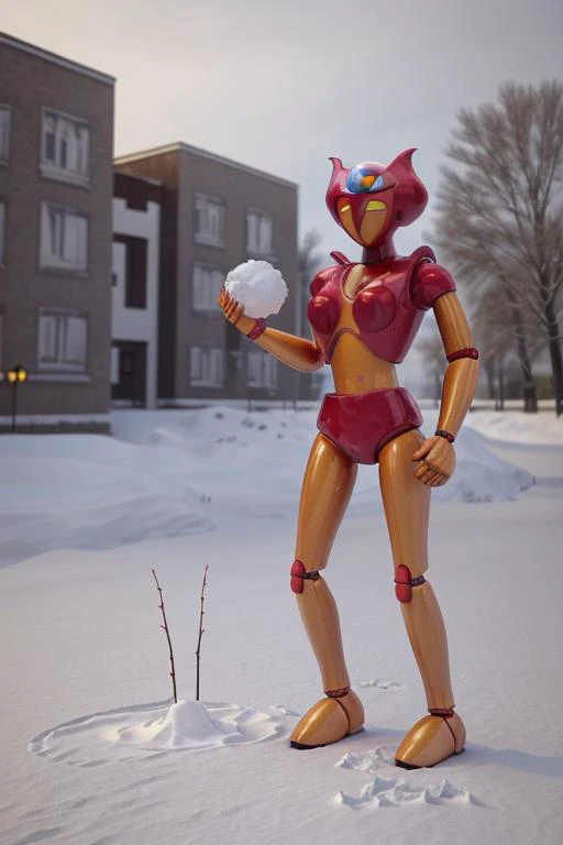 a masterpiece photo of (afrodit4 robot ) in the SNOW , CROUCHED THROWING SNOWBALLS ,sexi ,3d render, volumetric lighting, photorealistic <lora:Afrodit4_01:0.8> afrodit4 robot