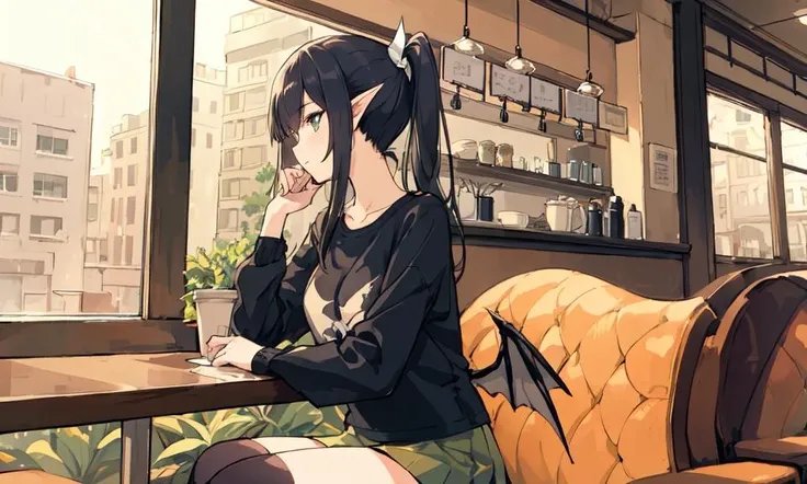 illustration, original, 1girl, long hair, side ponytail, solo, pointy ears, window, sunlight,
A charming and attractive young girl, adorned with a pair of delicate dragon wings and a sleek dragon tail, is seated comfortably in a seat within the cozy atmosphere of a bustling coffee shop. She is dressed in a trendy and stylish outfit consisting of a fashionable jacket, a comfortable T-shirt, and a graceful skirt, exuding a sense of confidence and fashion-forwardness. As she sits surrounded by the lively atmosphere of the coffee shop, one can't help but be struck by her unique and captivating appearance.