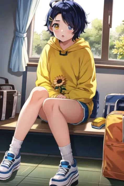 1girl, masterpiece, best quality, ultra-detailed, ray tracing, perfect lighting, (shiny skin:1.2), Ai_Ohto0 <lora:Ohto_LoRa:1>,  blue_hair, short_hair, hair_ornament, ahoge, hairclip, heterochromia, blue_eyes, yellow_eyes, hood, hoodie, yellow_hoodie, shoes, shorts, hood down, blue_shorts,bag, indoors, day, window, young,
