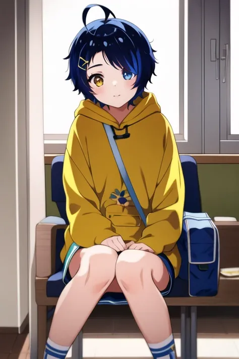 1girl, masterpiece, best quality, ultra-detailed, ray tracing, perfect lighting, (shiny skin:1.2), Ai_Ohto0 <lora:Ohto_LoRa:1>,  blue_hair, short_hair, hair_ornament, ahoge, hairclip, heterochromia, blue_eyes, yellow_eyes, hood, hoodie, yellow_hoodie, shoes, shorts, hood down, blue_shorts,bag, indoors, day, window, young,